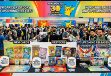 Pokémon TCG 30th anniversary display promoting new cards, restocks, and upcoming releases
