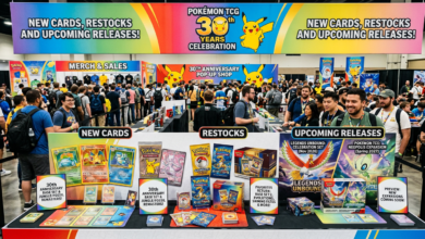 Pokémon TCG 30th anniversary display promoting new cards, restocks, and upcoming releases
