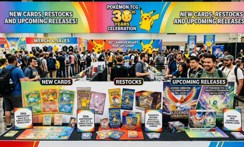 Pokémon TCG 30th anniversary display promoting new cards, restocks, and upcoming releases