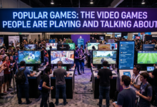 Gaming expo booth with screens and sign reading “POPULAR GAMES: THE VIDEO GAMES PEOPLE ARE PLAYING AND TALKING ABOUT”