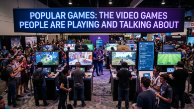 Gaming expo booth with screens and sign reading “POPULAR GAMES: THE VIDEO GAMES PEOPLE ARE PLAYING AND TALKING ABOUT”