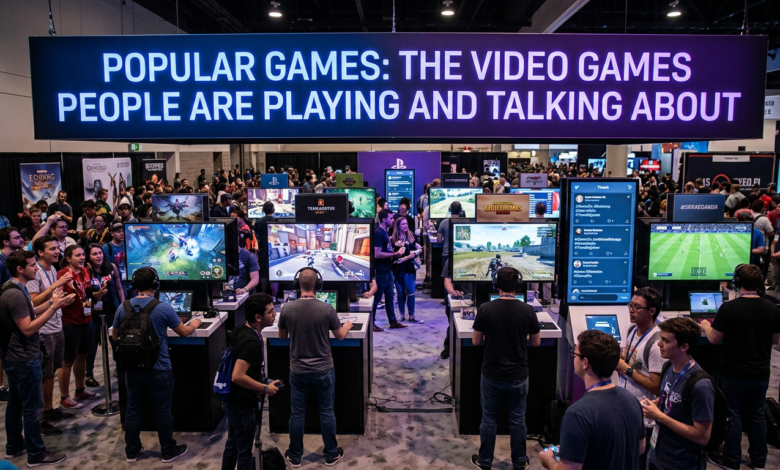 Gaming expo booth with screens and sign reading “POPULAR GAMES: THE VIDEO GAMES PEOPLE ARE PLAYING AND TALKING ABOUT”